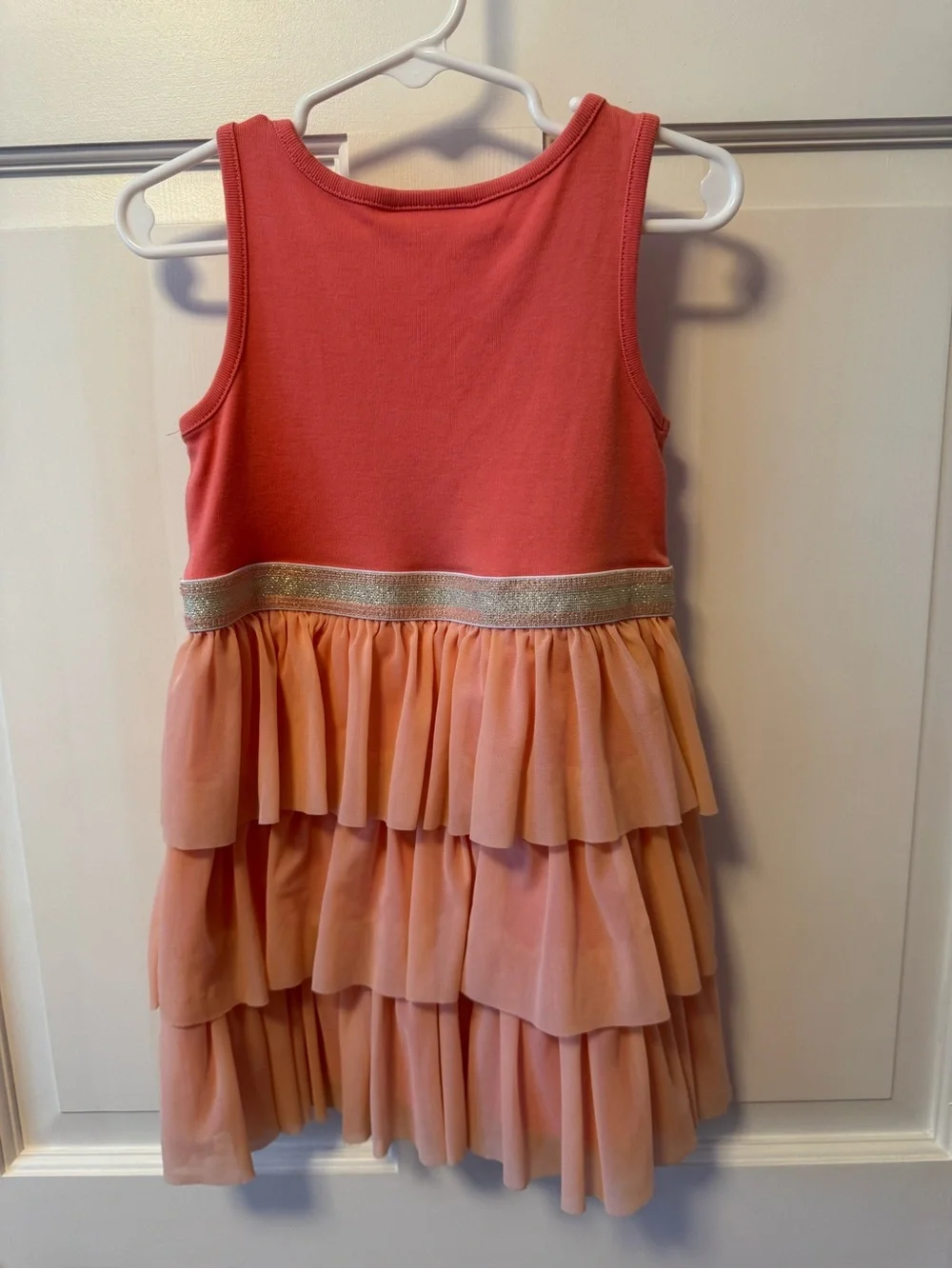 Hanna Andersson Coral and Peach Tiered Ruffle Dress with Gold Trim